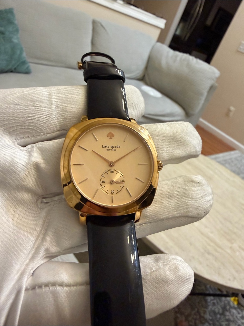 Kate Spade New York Women Watch Gold Cushion Case Black Leather Sub Second Dial